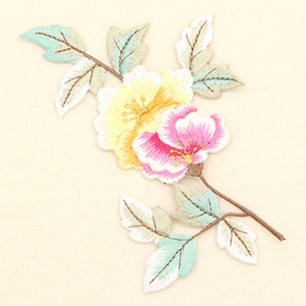 원단마트 73-887 목단 꽃 자수 장식 옐로우&amp;핑크