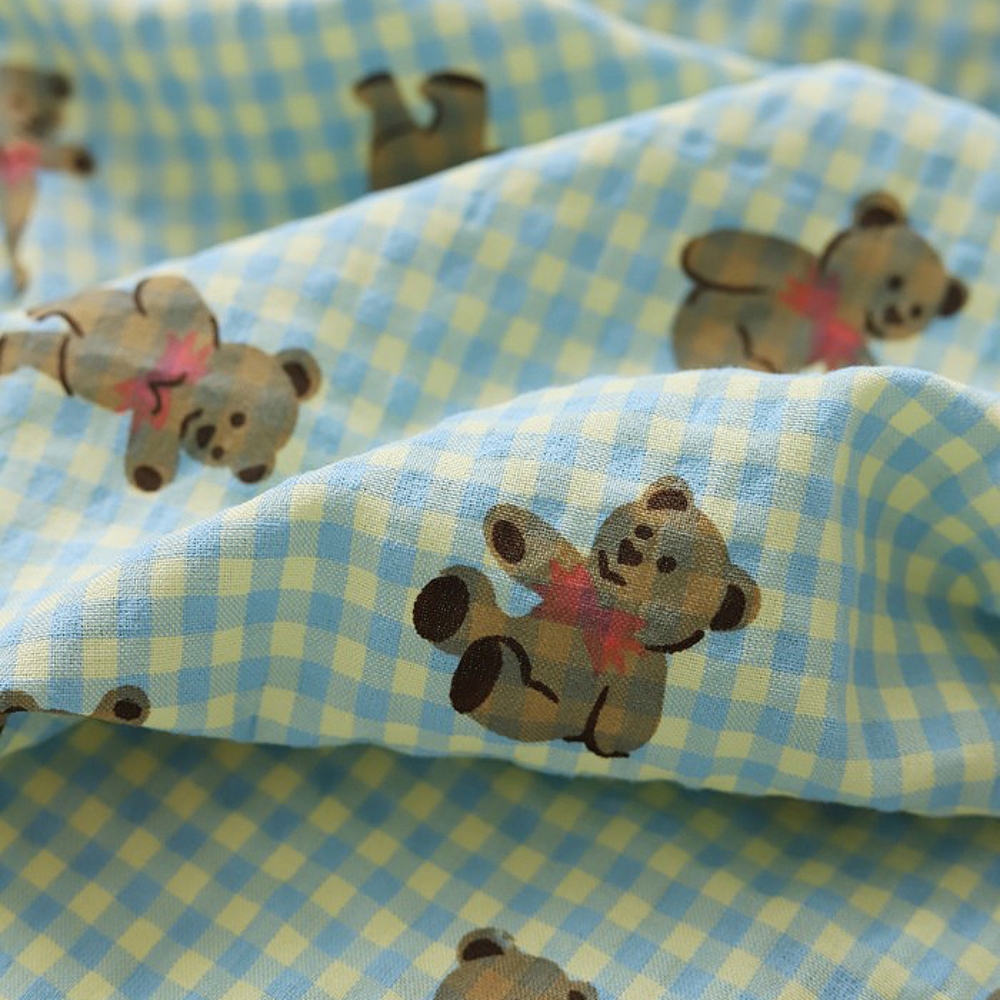 원단마트 여름이불원단 대폭 리플 체크 원단 꼼므베어 옐로우블루 | 원단마트